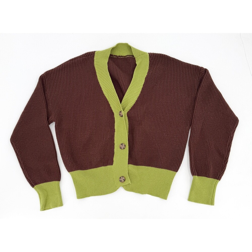 Dazy Cardigan Sweater Womens Medium Brown Green Ribbed Knit Button V Neck Boxy